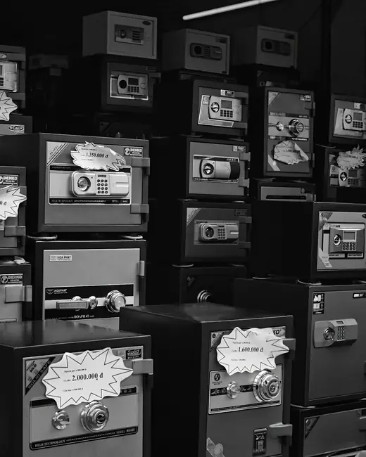 A row of steel safes
