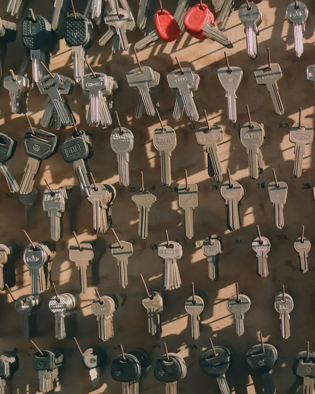 Rows of key blanks on a wall
